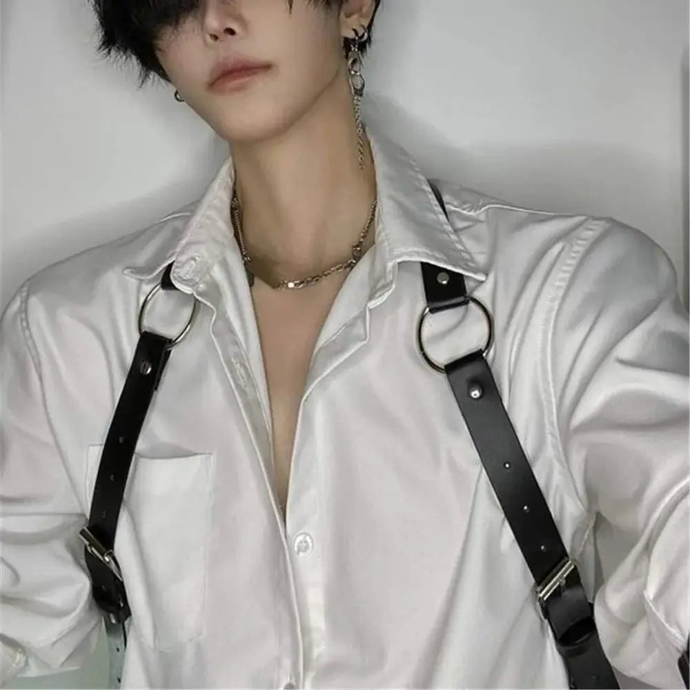 UYEE Cool Rock Men's Belt PU Leather Harness Strap Costume Sexy Shoulder Belt Body Chest Chain Metal Ring Y2k Accessories