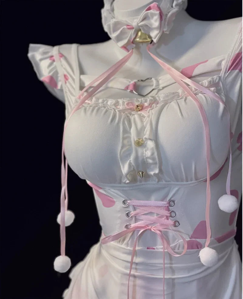 Japanese Anime Bunny Cosplay Costumes Women Sweet Pink Lolita Cat Girl Maid Dress Halloween Cow Print Erotic Lingerie Dress 2024