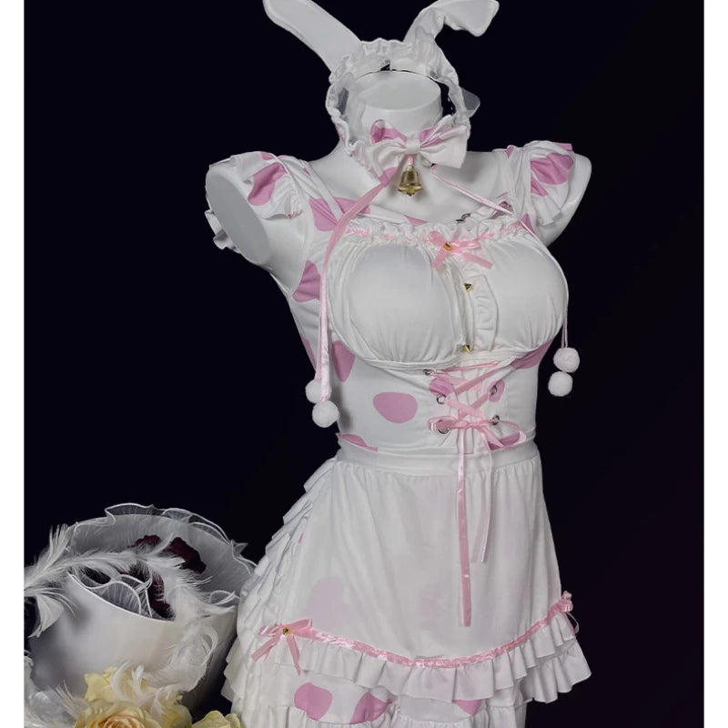 Japanese Anime Bunny Cosplay Costumes Women Sweet Pink Lolita Cat Girl Maid Dress Halloween Cow Print Erotic Lingerie Dress 2024