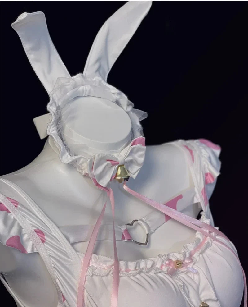 Japanese Anime Bunny Cosplay Costumes Women Sweet Pink Lolita Cat Girl Maid Dress Halloween Cow Print Erotic Lingerie Dress 2024