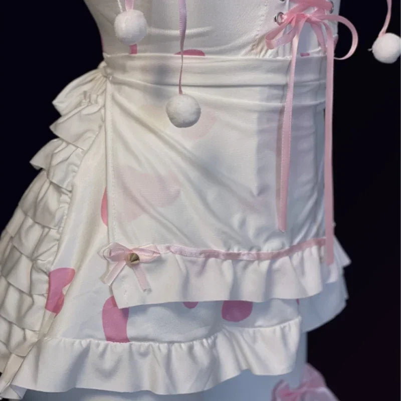 Japanese Anime Bunny Cosplay Costumes Women Sweet Pink Lolita Cat Girl Maid Dress Halloween Cow Print Erotic Lingerie Dress 2024